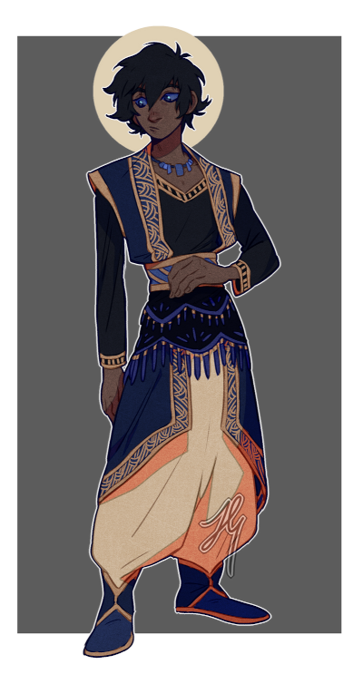 A male Aasimar, with brown skin, blue eyes, black hair, and loose-fitting robes