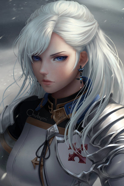 A female Aasimar, with chest-length white hair, earrings, and white and silver armour, emblazened with the emblem of a cross. She bears a stern expression.